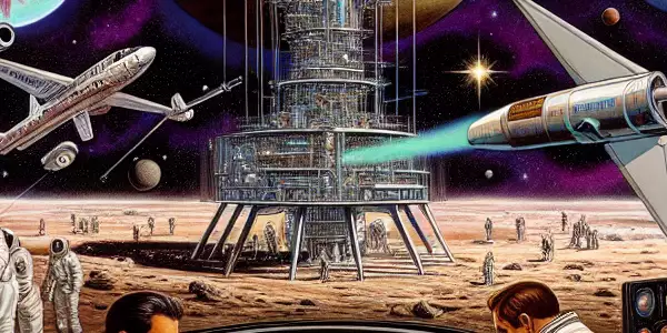 太空竞赛中的宇航员与外星生物在火星基地探索。